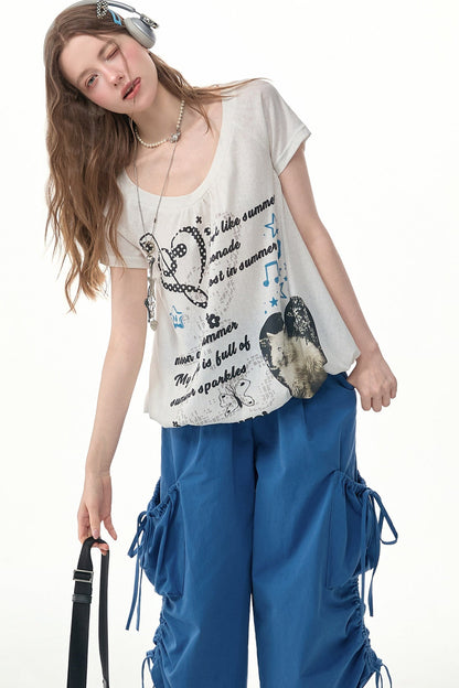 Marineblaues Kurzarmshirt mit Katzenmotiv