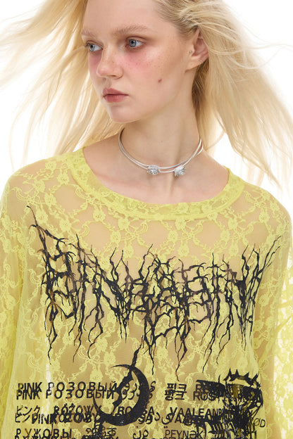 Loose Ripped Lace Cat Print Tee
