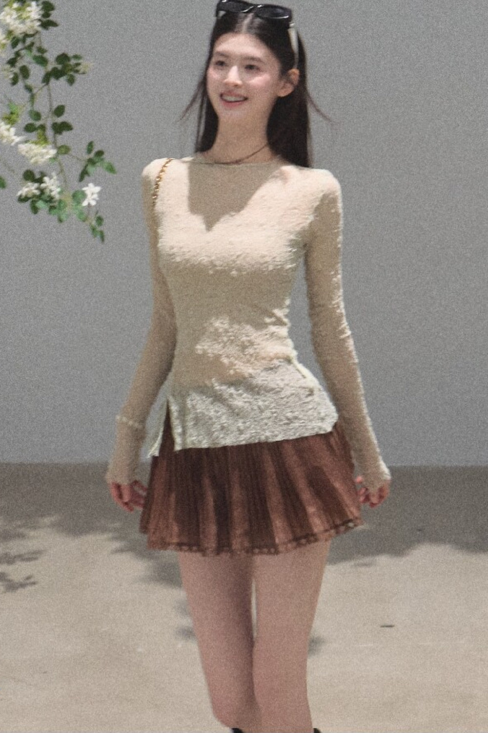 Silver Textured Knit Lace Top