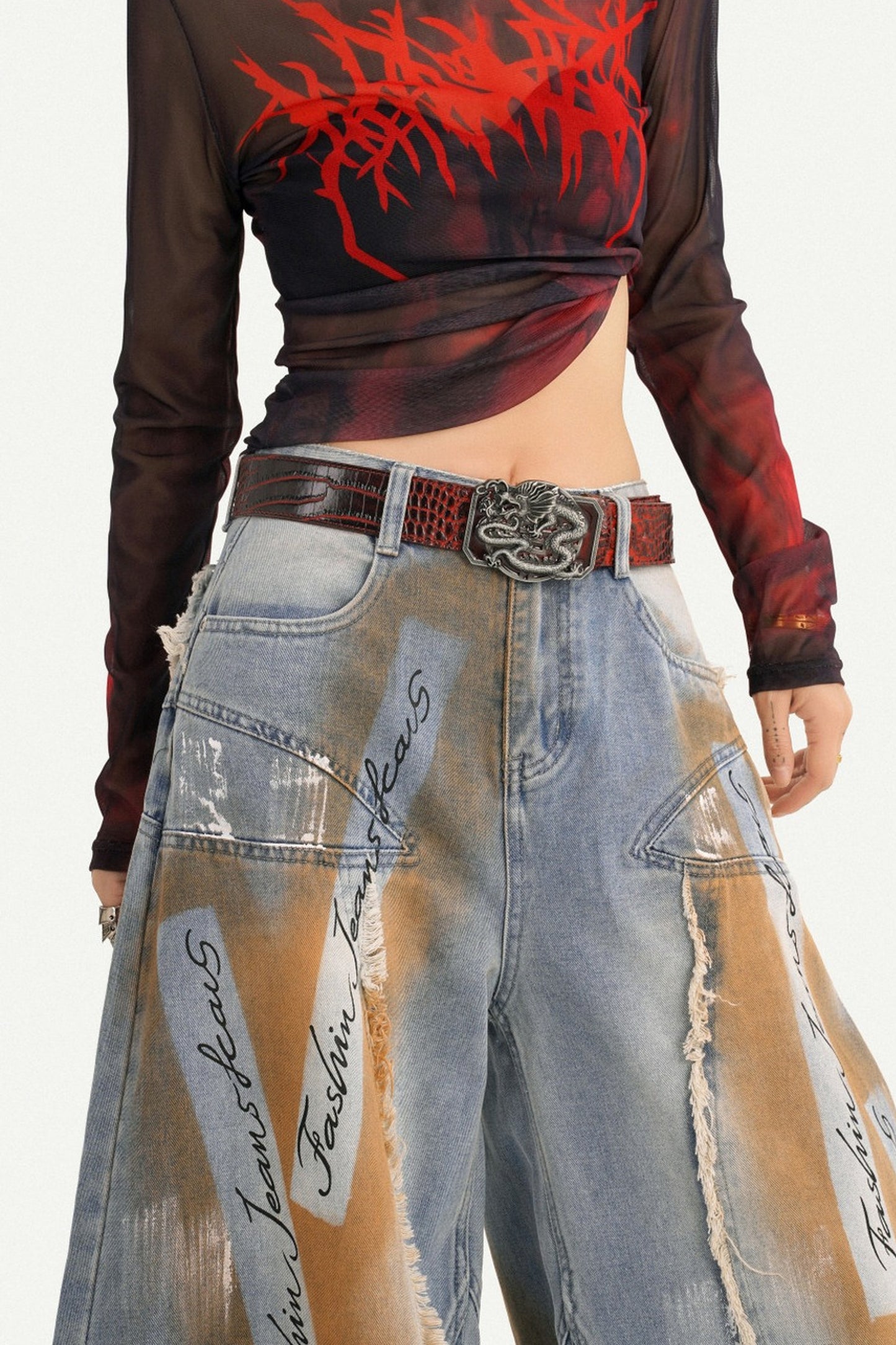 Distressed Patchwork Wide-Leg Denim Pants