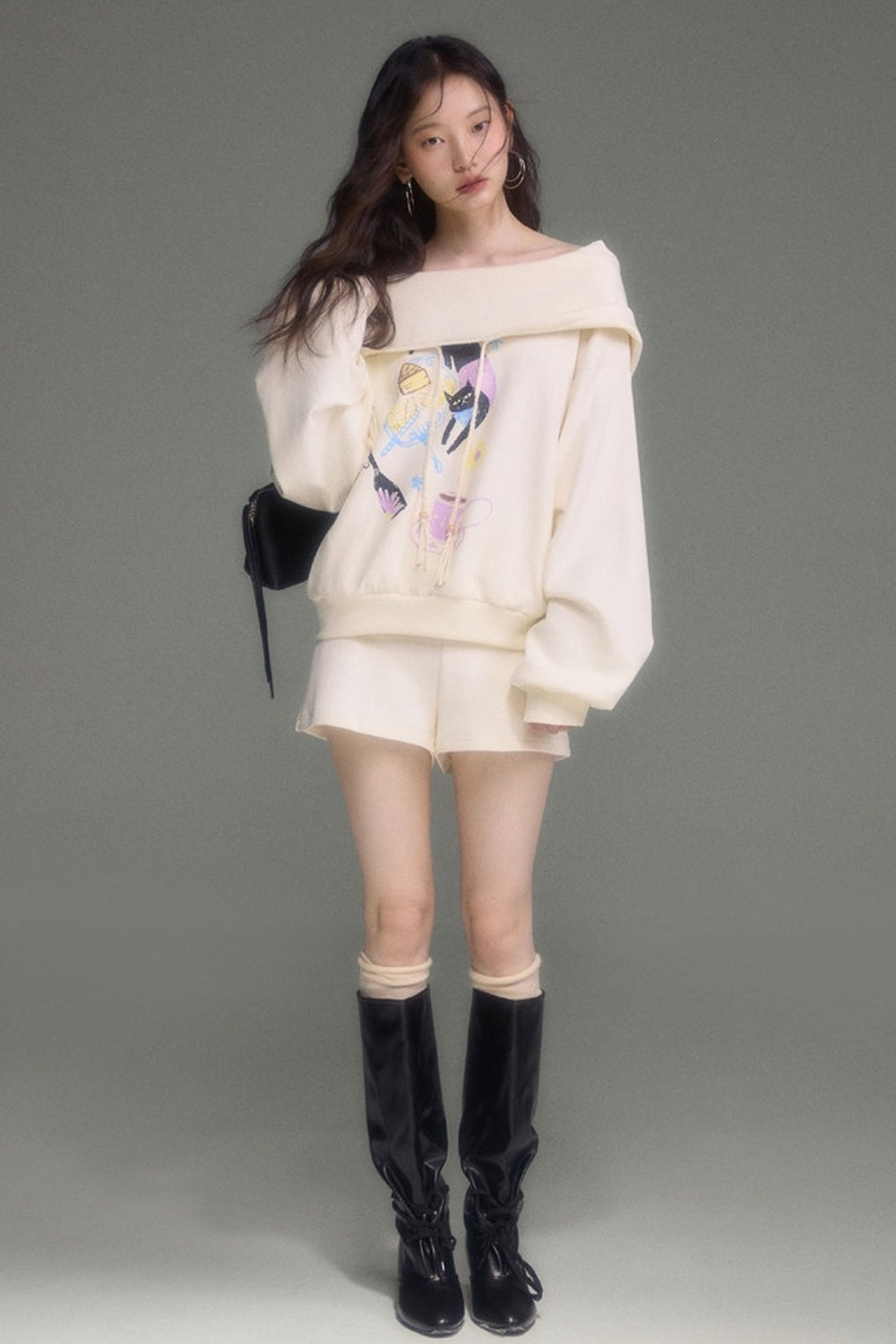 Cat Print Hooded Off-Shoulder Sweatshirt Shorts Set-Up