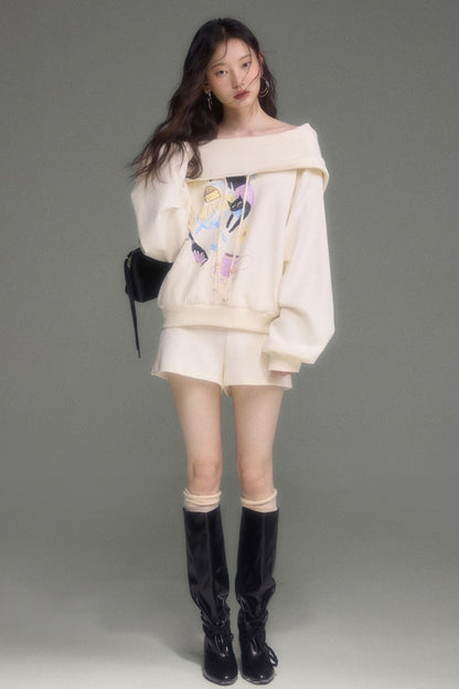 Cat Print Hooded Off-Shoulder Sweatshirt Shorts Set-Up