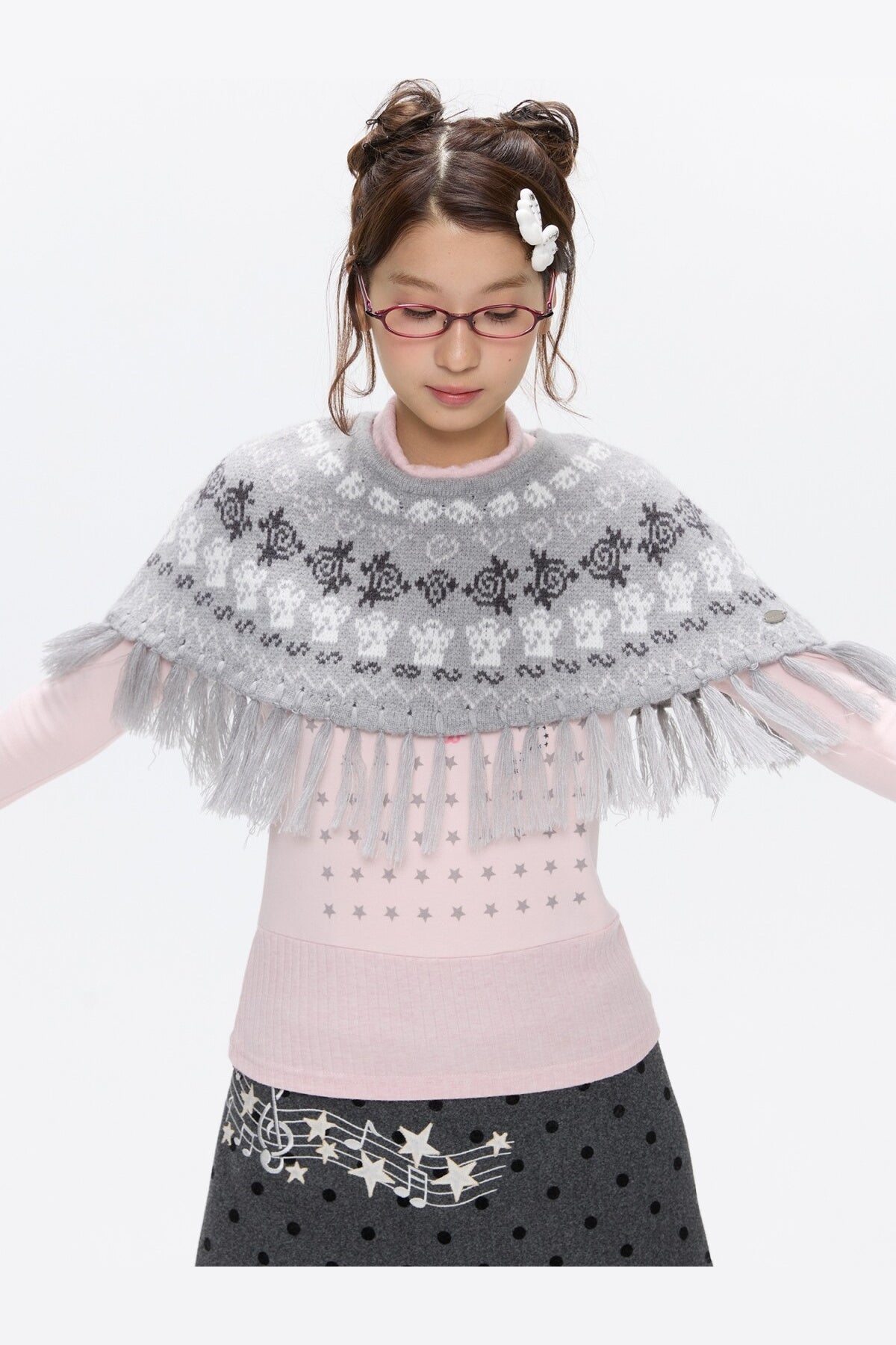 Fair Isle Tassel Knit Cape