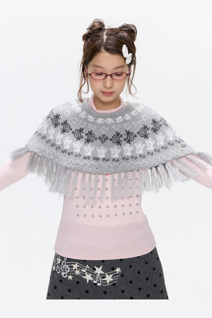 Fair Isle Tassel Knit Cape