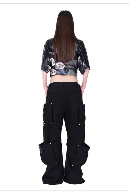 Cat Eye Patchwork Rivet V-Neck T-shirt