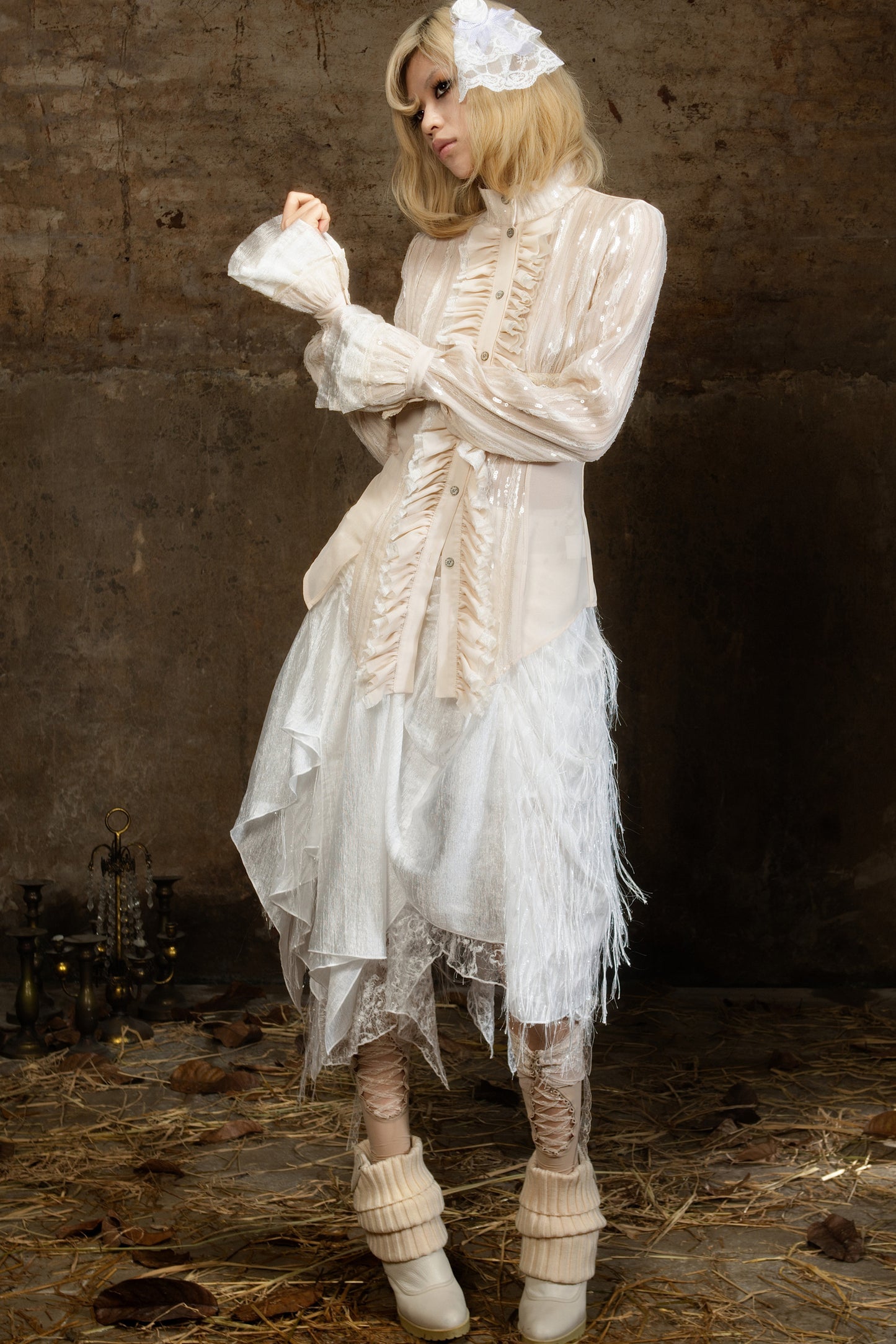 Lace Sequin Ruffle Gothic Shirt