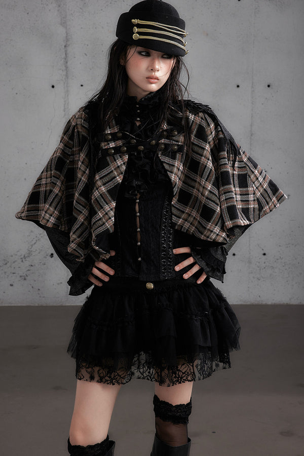 Reversible Wool Blend Plaid Cape