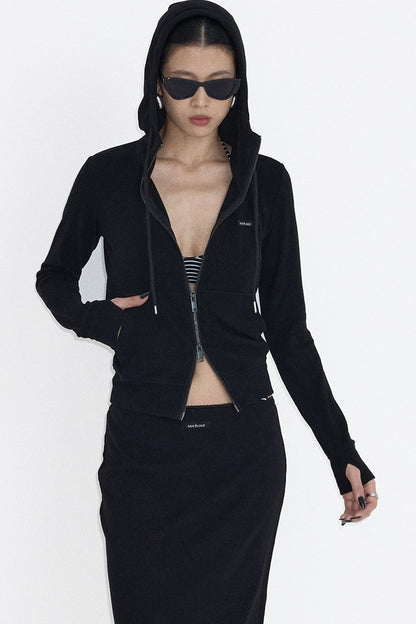Hooded Zip Sweatshirt And Skirt Set-Up