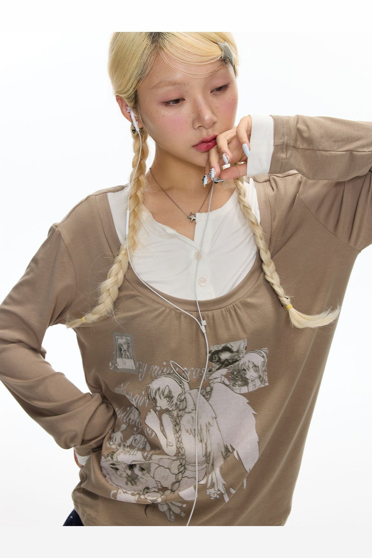 Brown Layered-Look Long Sleeve T-Shirt