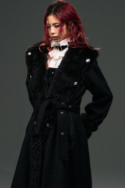 Large Fur Collar Loose Lace-Up Oversized Long Woolen Coat