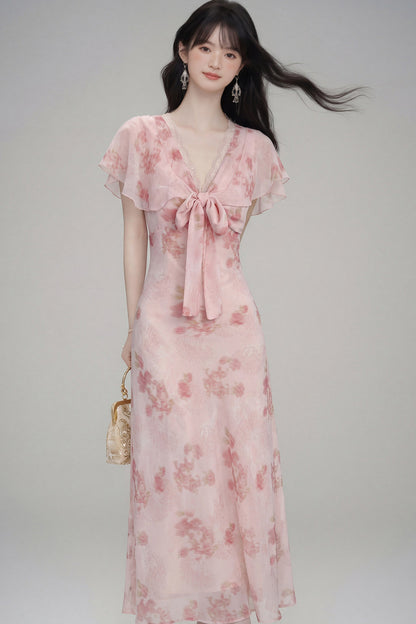 Pink Cherry Rose Floral Dress