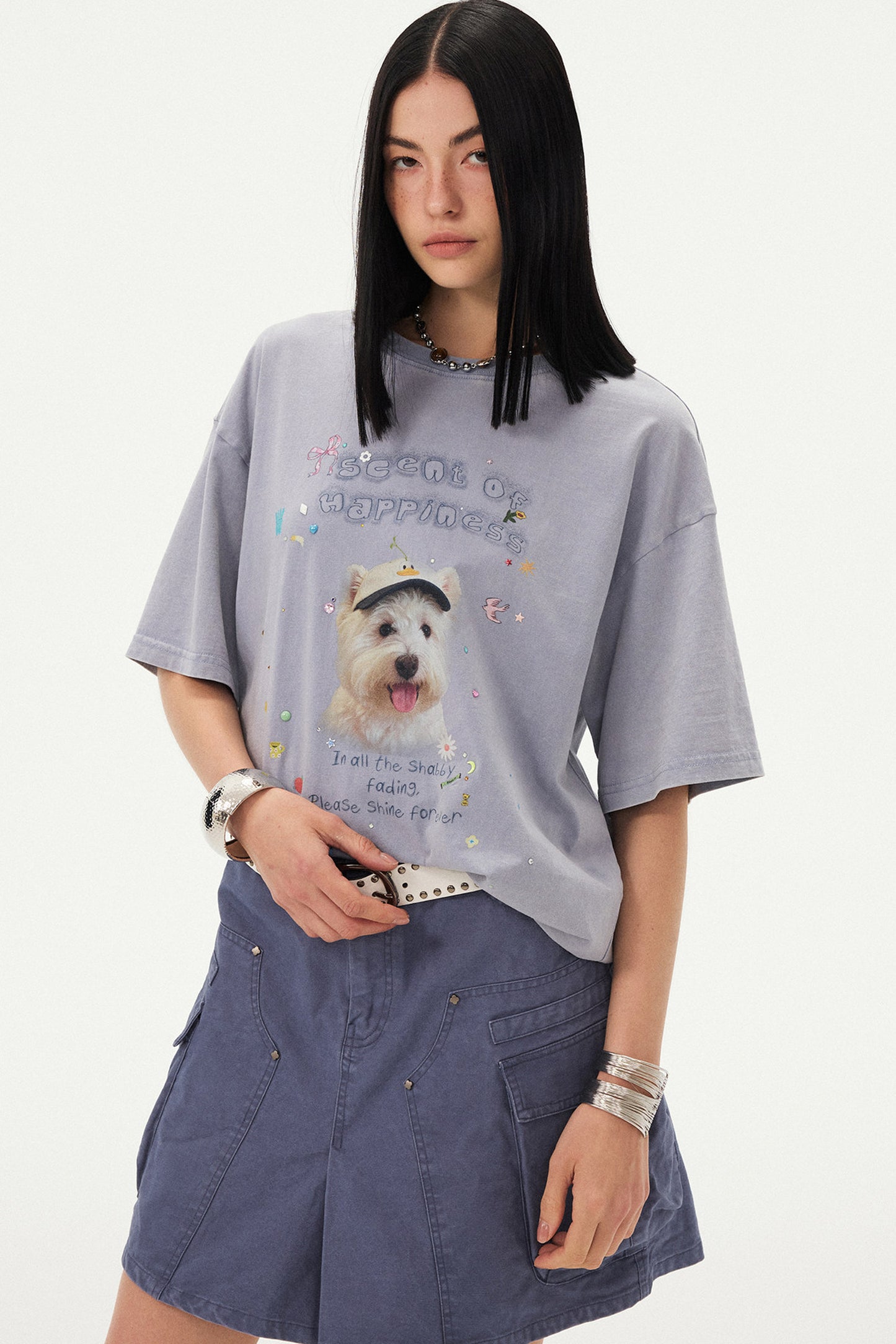Rhinestone Cartoon Dog Drop Shoulder T-Shirt