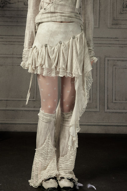 Asymmetrical Button Lace Train Skirt