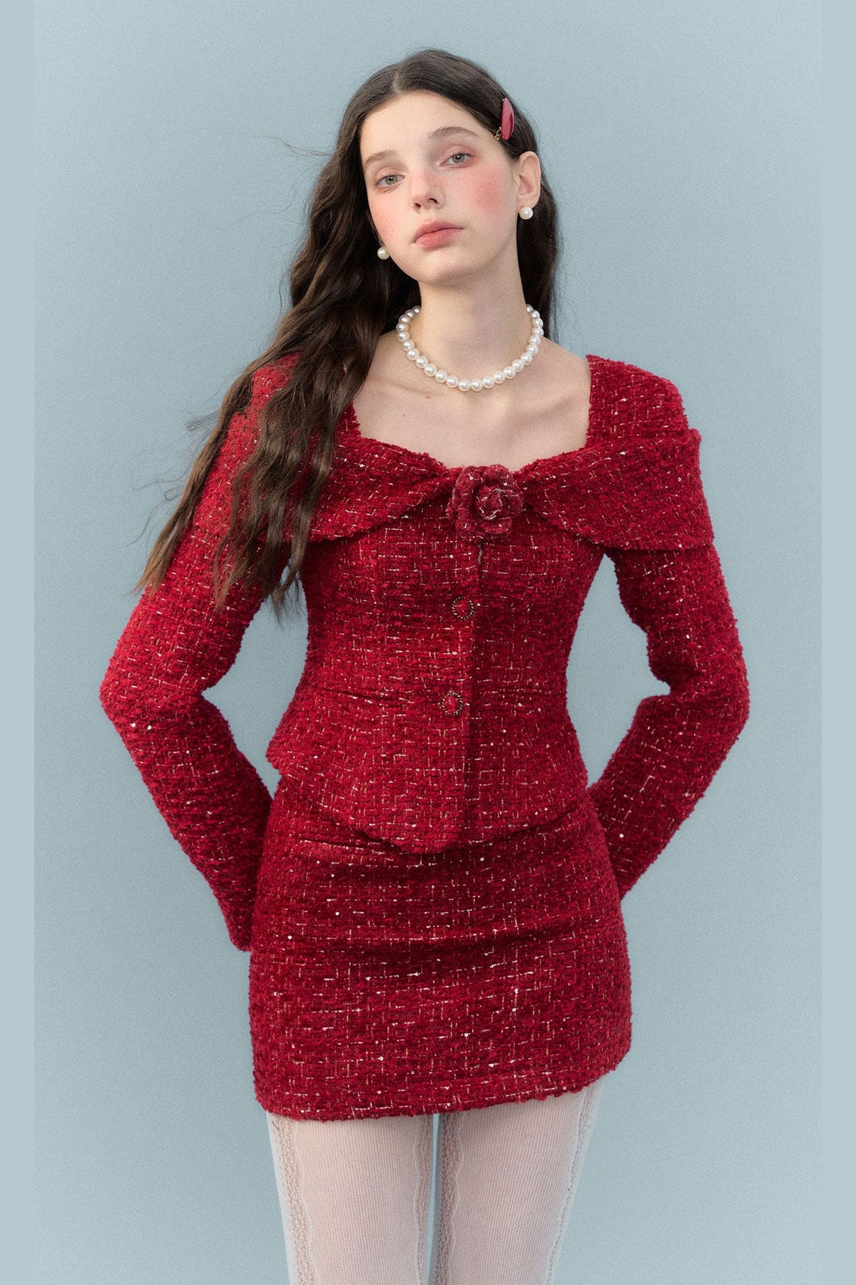 Woven Tweed Jacket and Fishtail Skirt Set-Up