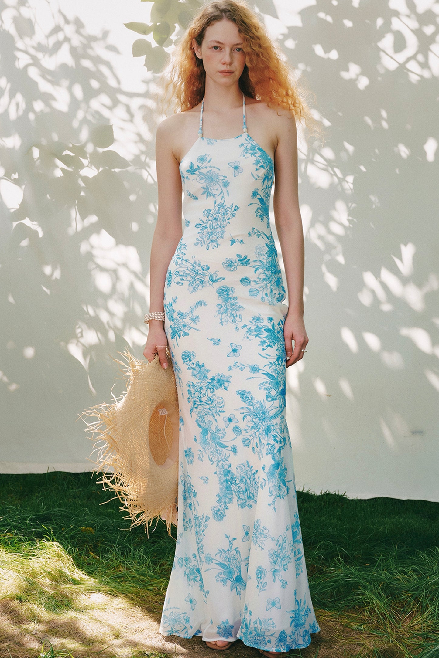 Blue Porcelain Floral Halter Maxi Dress