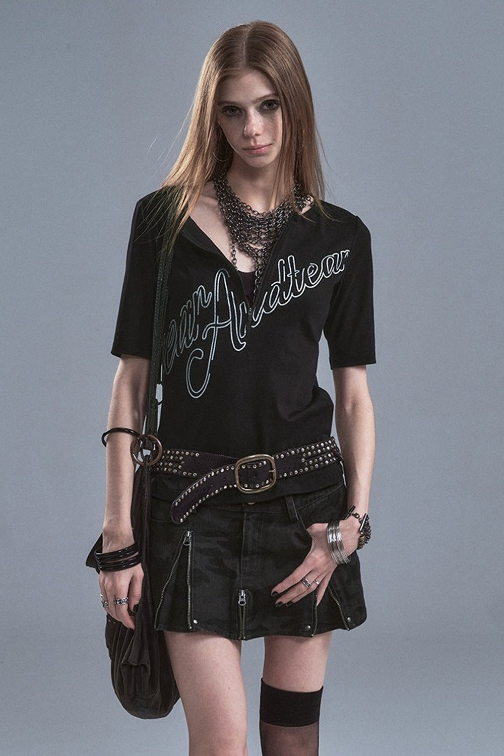 Half-Zip Silver Letter Print T-Shirt