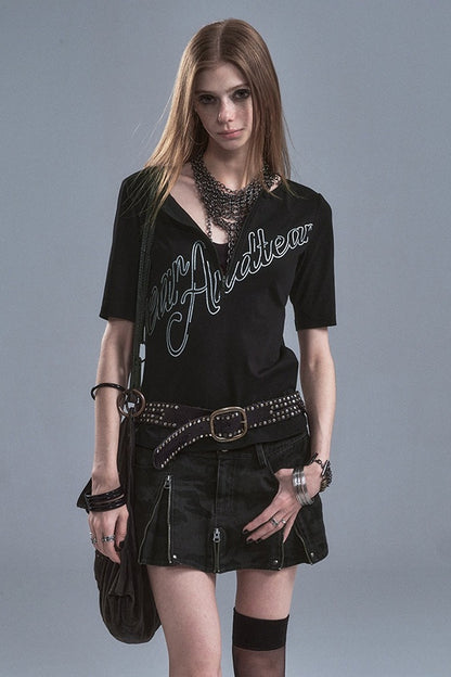 Half-Zip Silver Letter Print T-Shirt
