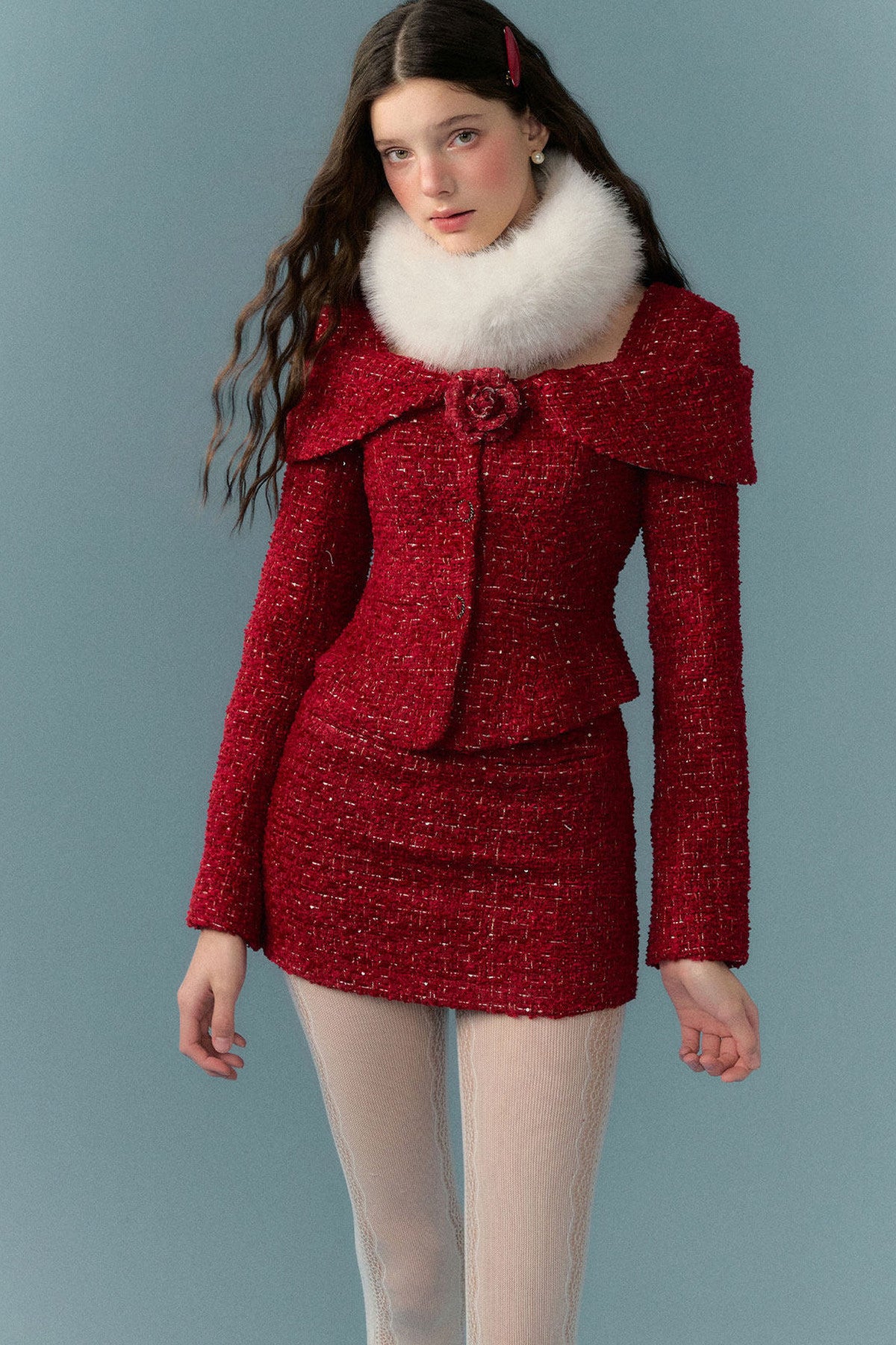 Woven Tweed Jacket and Fishtail Skirt Set-Up