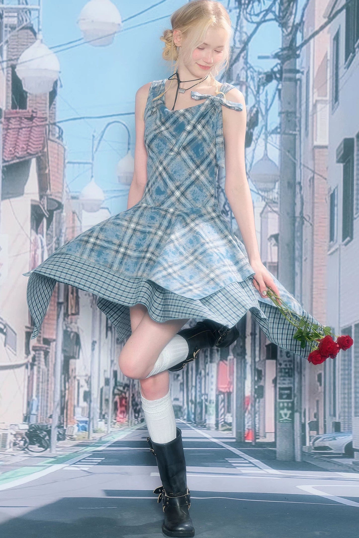 Irregular Blue Plaid Camisole Dress