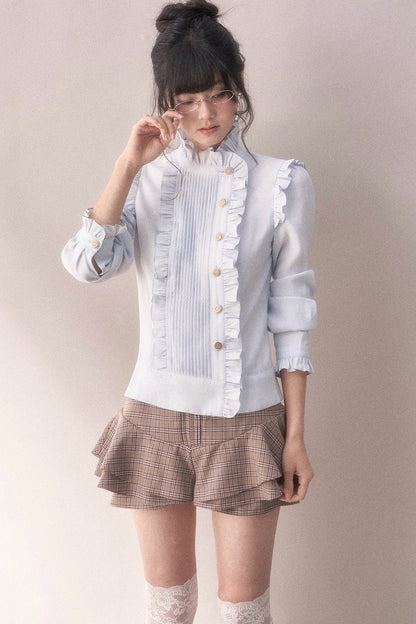 Pleated Lace Ruffle Asymmetrical Long-Sleeved Shirt