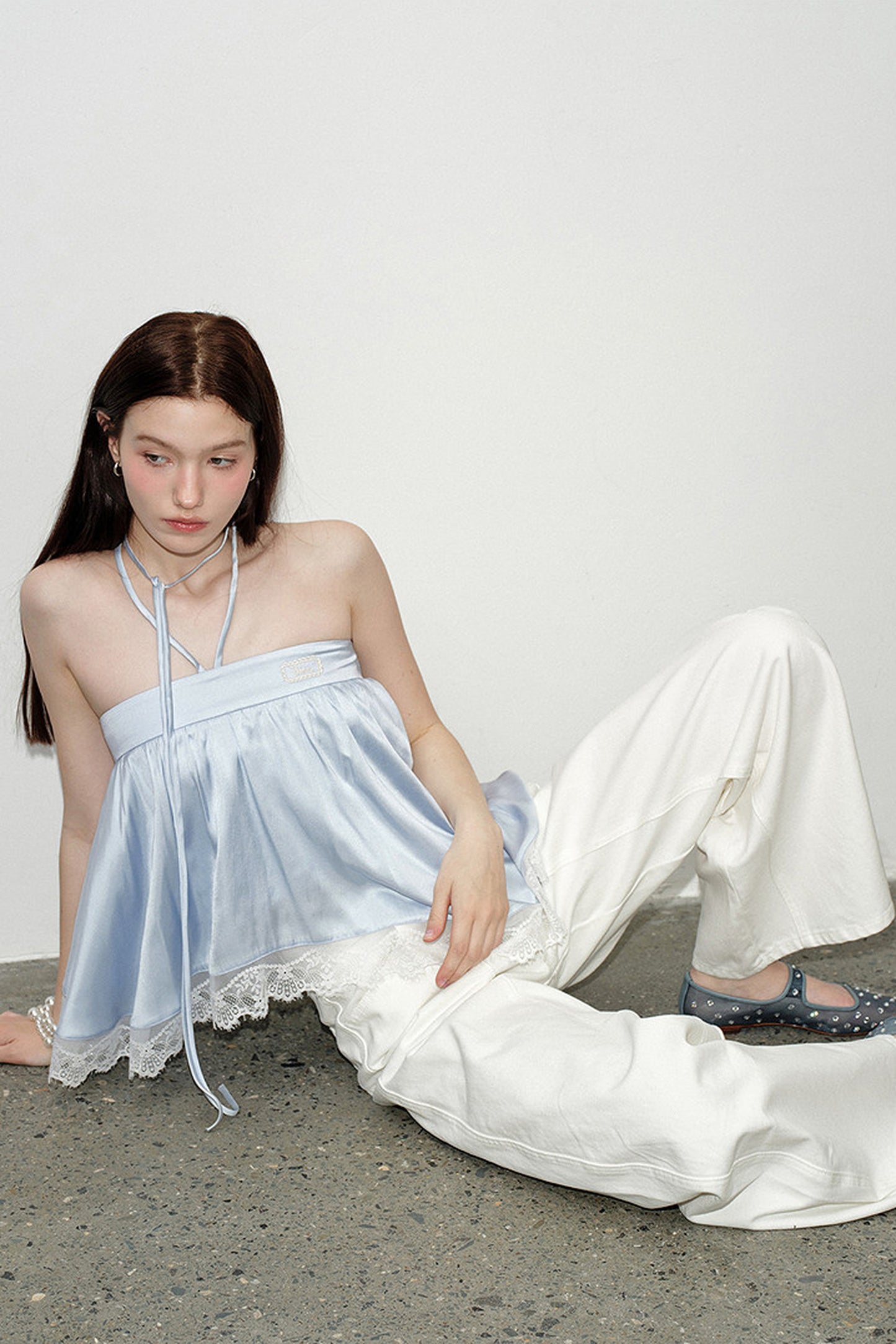 Blue Satin Lace Trim Halter Camisole
