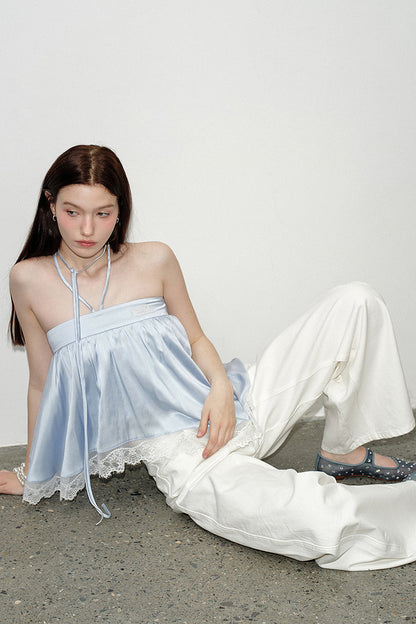 Blue Satin Lace Trim Halter Camisole