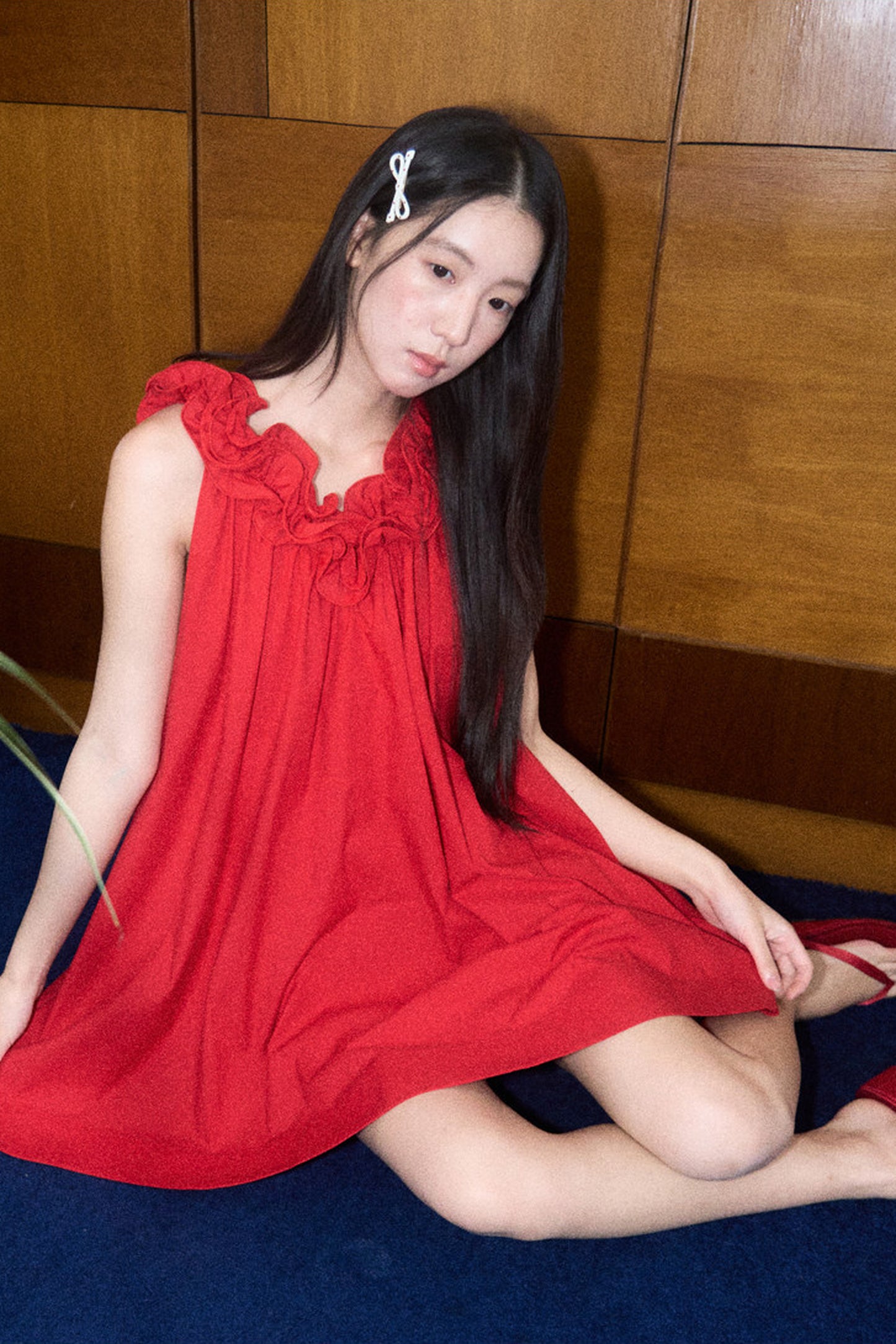 Red 3D Floral Ruffle V-Neck Tank Dress