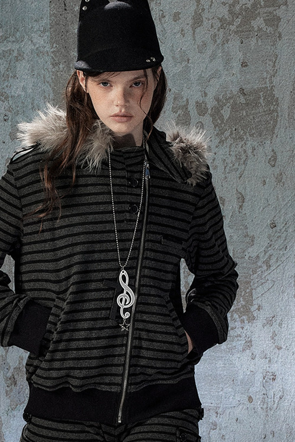 Fur Collar Striped Jacket