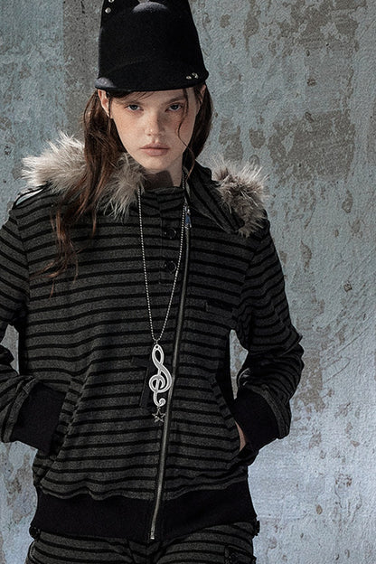 Fur Collar Striped Jacket