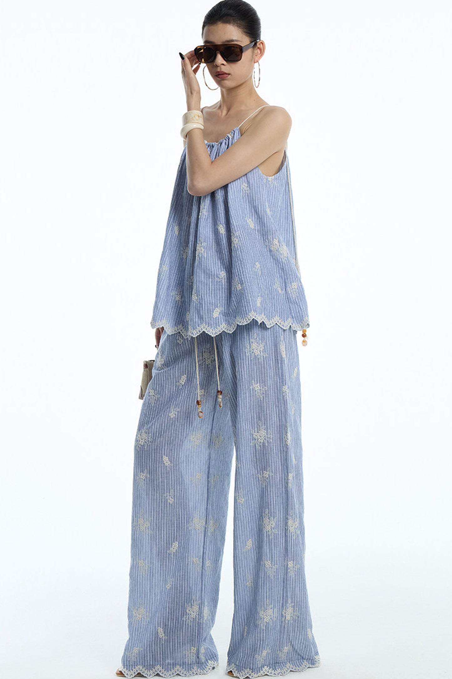 Gray-Blue Jacquard Halter Camisole and Shorts Set-Up