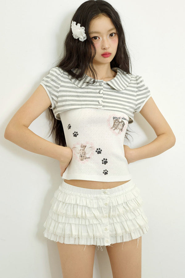 Cat Print Faux Two-Piece Knit Top