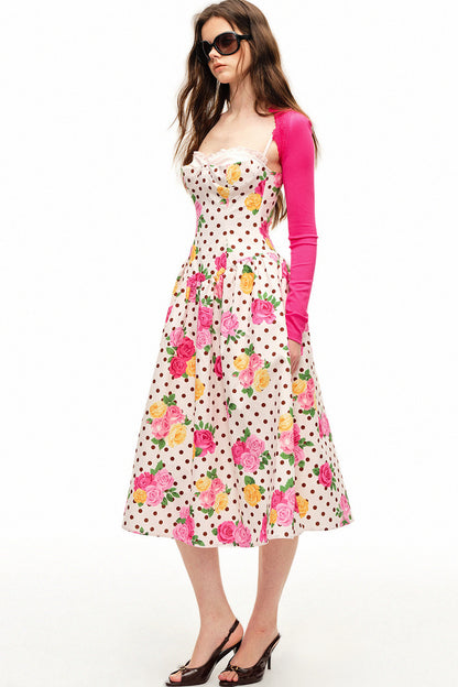 Polka Dot Rose Print Bra Dress Set-Up
