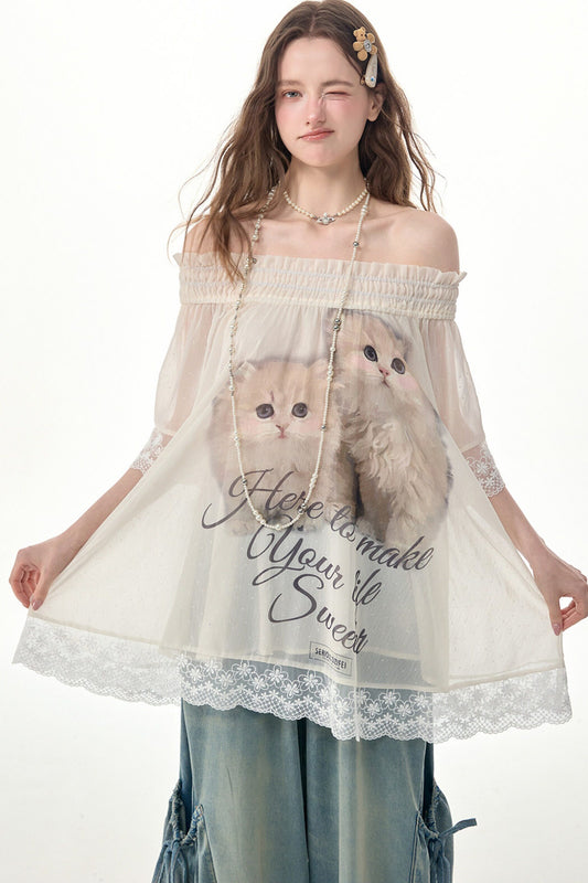Cat Print Off-Shoulder Top