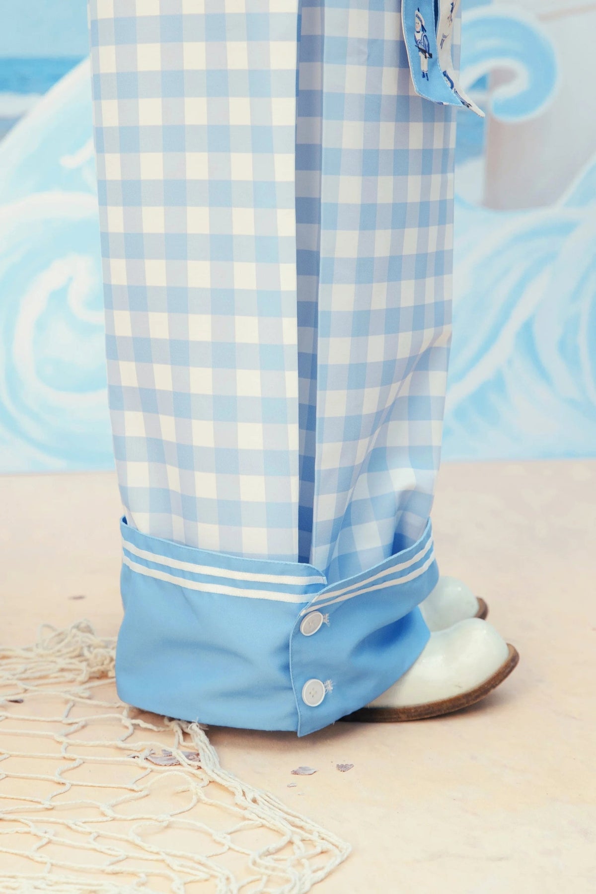 Blue And White Plaid Wide-Leg Pants