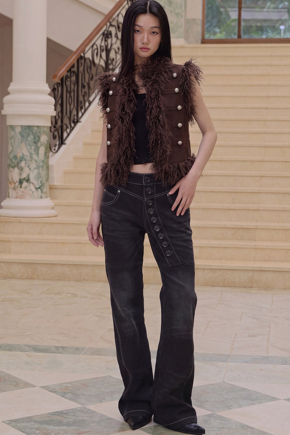 Wool Suede Sleeveless Feather Vest