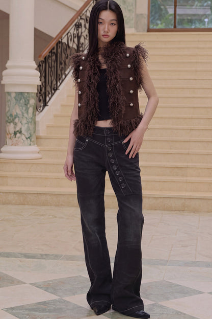 Wool Suede Sleeveless Feather Vest