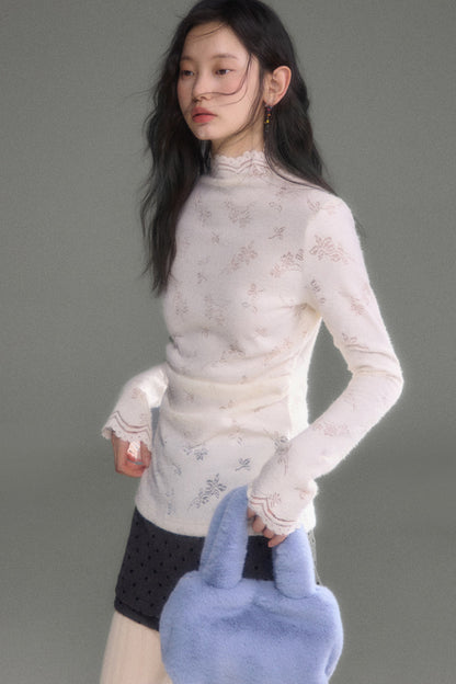 Youeruare Original Design Gardenia Mousse Hollow Lace Trim Knitted Base Shirt Long-Sleeve Top