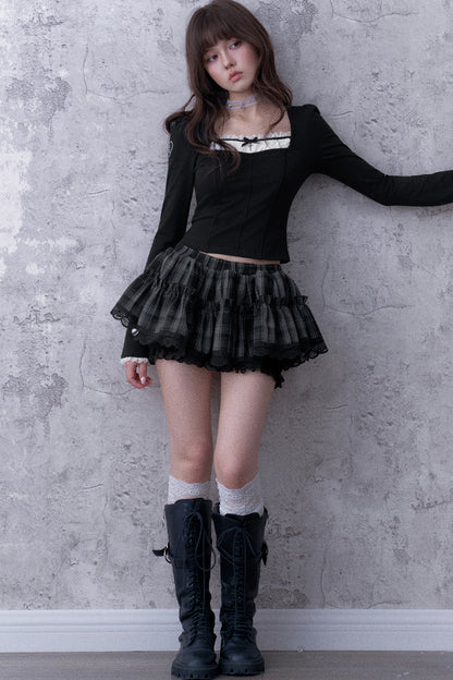 Gray Black Plaid Three-Layer Puffy Skirt