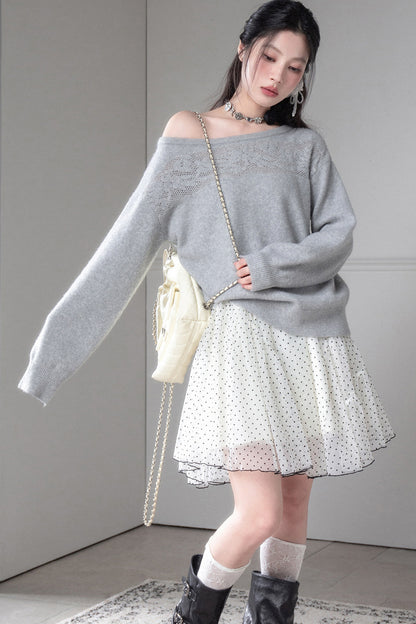 Off-Shoulder Hollow Jacquard Wool Sweater