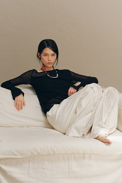Asymmetrical Sheer Long Sleeve Blouse
