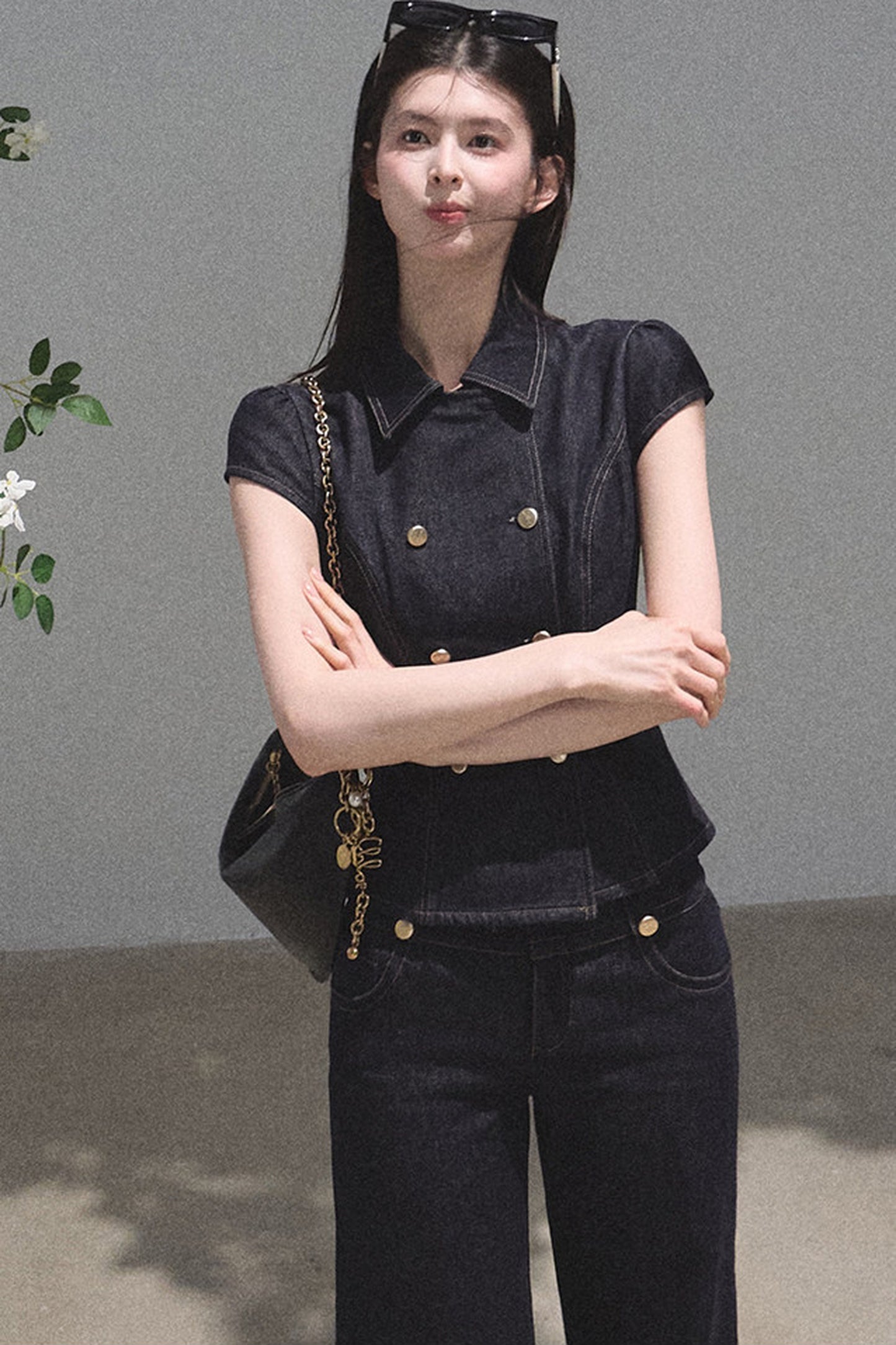 Retro Denim Waist-Cinching Dress Set-Up