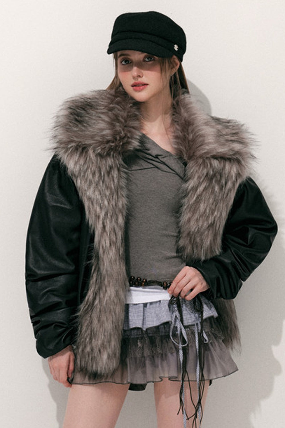 Large Fur Collar Leather Jacket