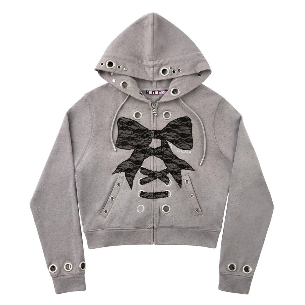 Distressed Lace Bow Hoodie