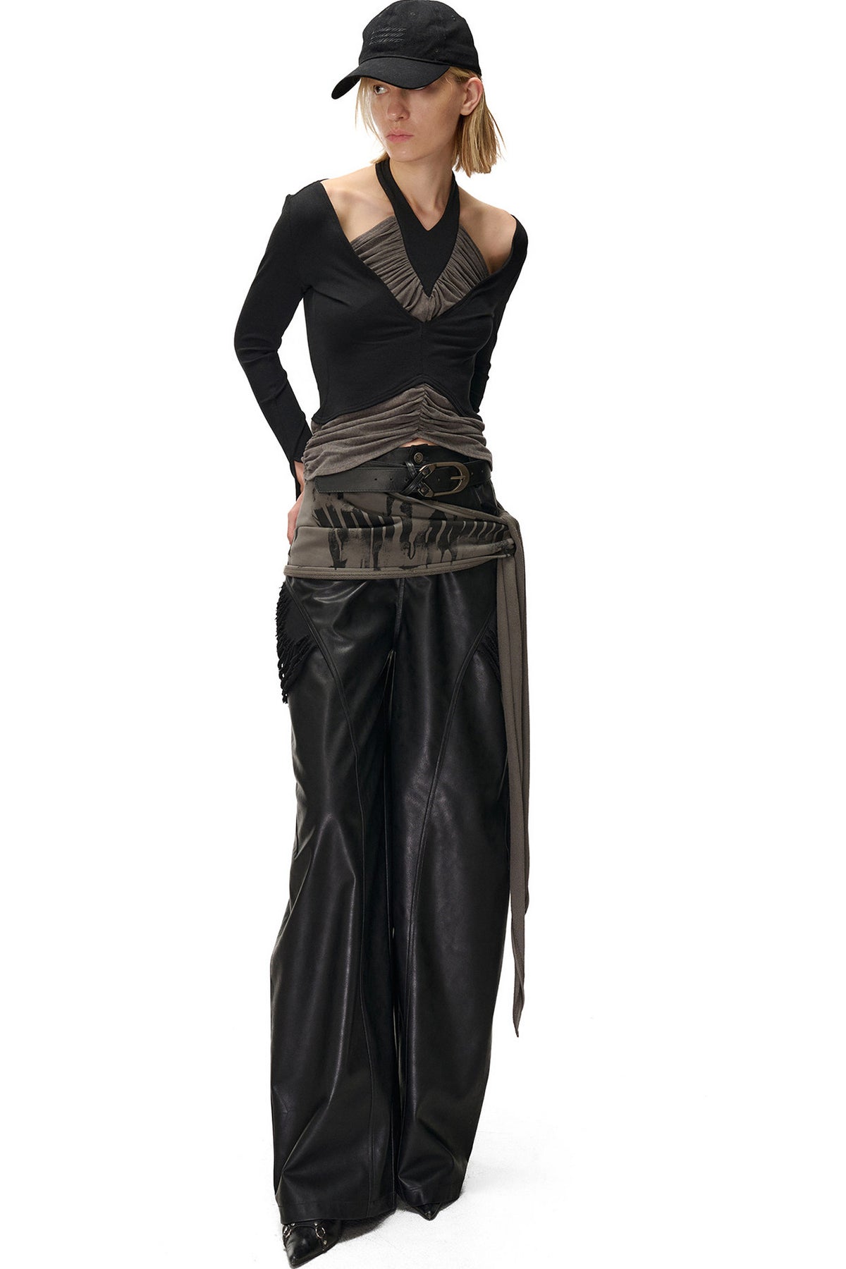 Bougainvillea Pleated Halter Neck Patchwork Irregular T-shirt