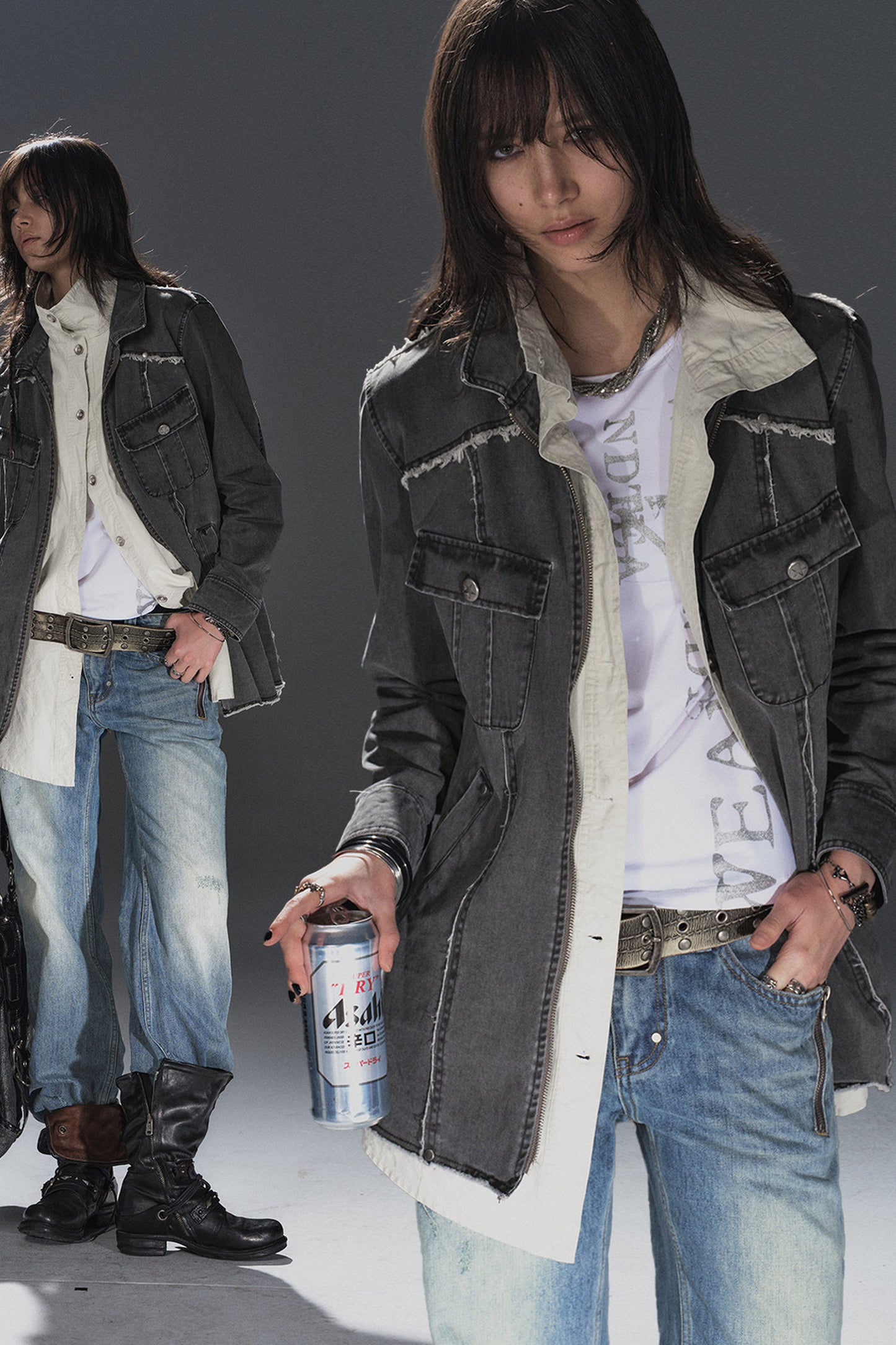 Veste mi-longue effet superposé effilochée