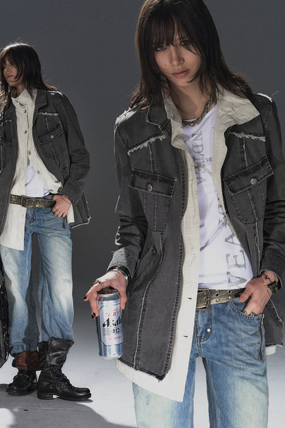 Veste mi-longue effet superposé effilochée