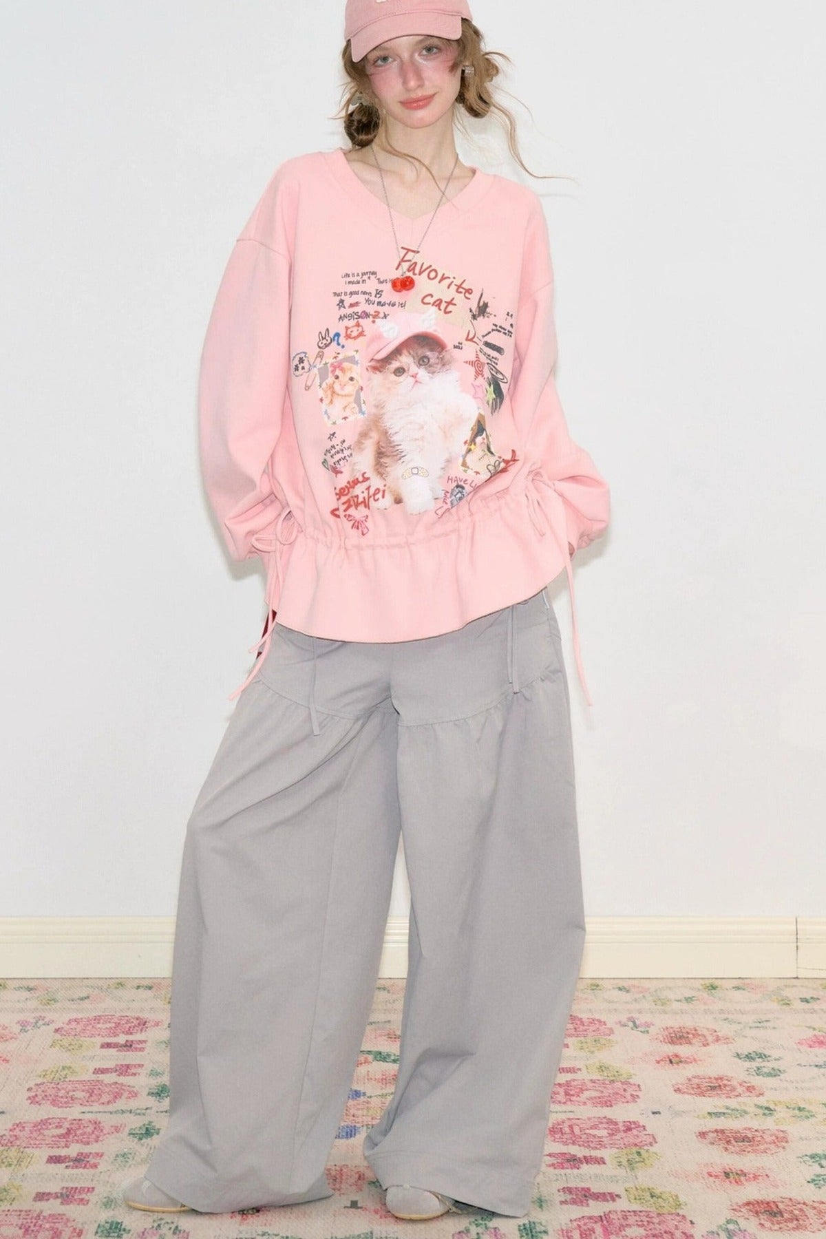 Pink Cat Print Sweatshirt