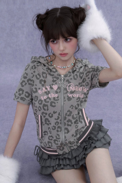Pink Leopard Cat Ear Hooded Top