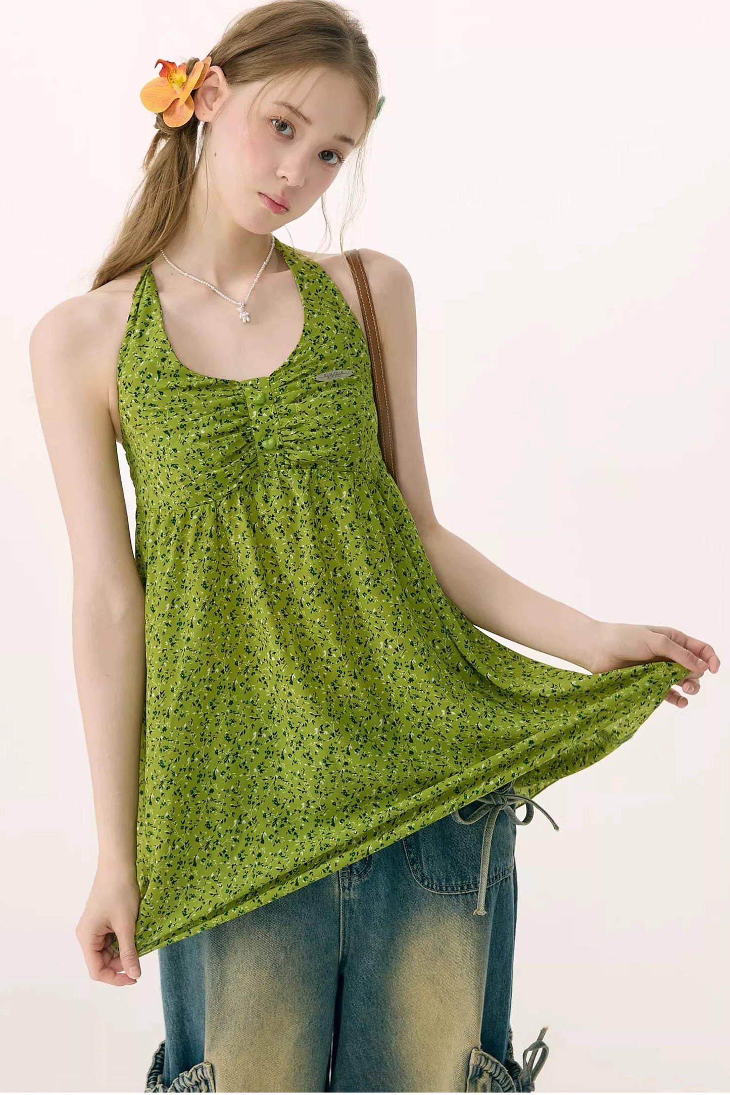 Green Floral Halter Top