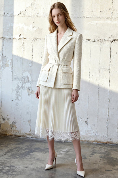 Belted Blazer Top Pleated Skirt Set